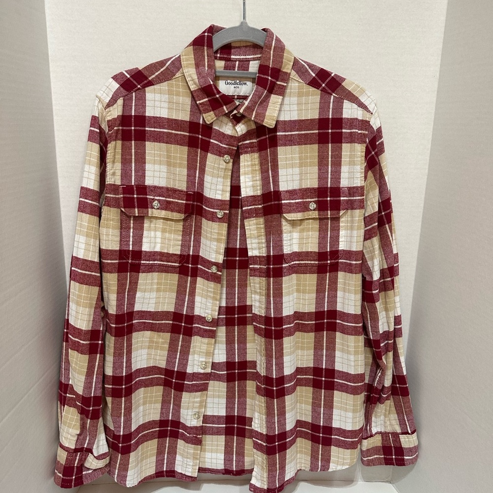 Goodfellow & Co Men's Burgundy and Cream Plaid Button-Down Shirt